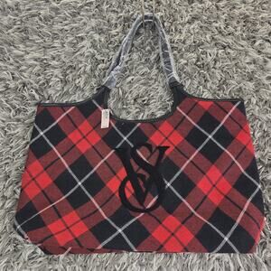 Victoria's Secret Tote Bag Womens Red Black Plaid Argyle VS Logo Shoulder Large